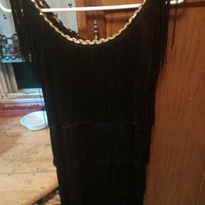 Chic Black Fringe Dress with Gold Accents